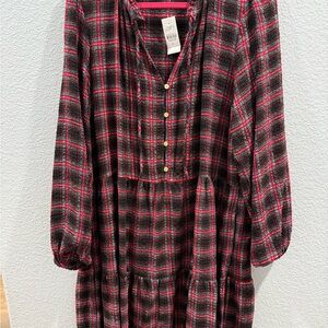 LOFT Red and Black Plaid Button-Up Dress
